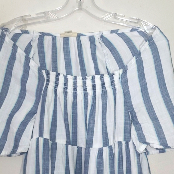 Milkmaid House Dress Verticle Striped Midi Shirred Ruffeled Tiered Off Shoulder - Picture 8 of 9